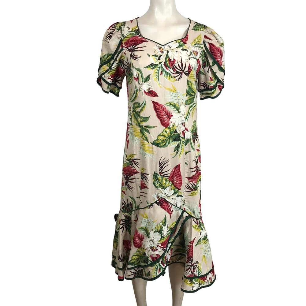 HOMEMADE Vibrant Tropical Floral Midi Dress Puff‎ Sleeve Ruffle Hem Square Neck